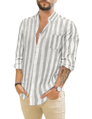 TARAINYA Leinenhemd Herren Langarm Baumwolle Freizeithemd Regular Fit mit Tasche Grau Weiß S von TARAINYA