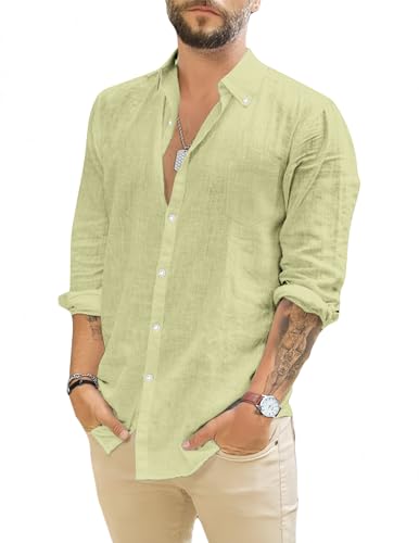 TARAINYA Leinenhemd Herren Langarm Baumwolle Freizeithemd Regular Fit mit Tasche Hellgrün S von TARAINYA