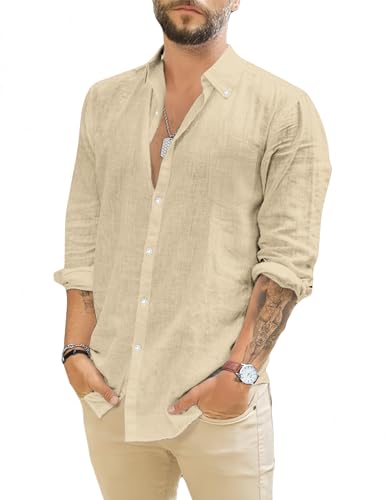TARAINYA Leinenhemd Herren Langarm Baumwolle Freizeithemd Regular Fit mit Tasche Hellkhaki L von TARAINYA