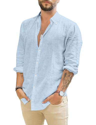 TARAINYA Leinenhemd Herren Langarm Baumwolle Freizeithemd Regular Fit mit Tasche Himmelblau M von TARAINYA