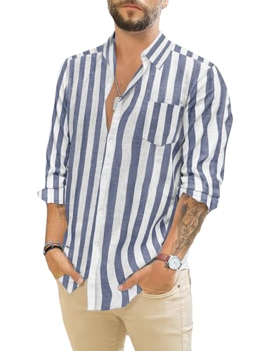 TARAINYA Leinenhemd Herren Langarm Baumwolle Freizeithemd Regular Fit mit Tasche Marineblau Weiß L von TARAINYA