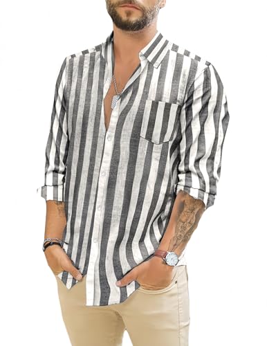 TARAINYA Leinenhemd Herren Langarm Baumwolle Freizeithemd Regular Fit mit Tasche Schwarz Weiß M von TARAINYA