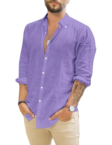 TARAINYA Leinenhemd Herren Langarm Baumwolle Freizeithemd Regular Fit mit Tasche Violett L TARAINYA Leinenhemd Herren Langarm Baumwolle Freizeithemd Regular Fit mit Tasche Violett L von TARAINYA