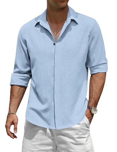 TARAINYA Leinenhemd Herren Langarm Baumwolle Versteckte Schnalle Einfarbiges Freizeithemd Männer Casual Regular Fit Himmelblau 2XL von TARAINYA