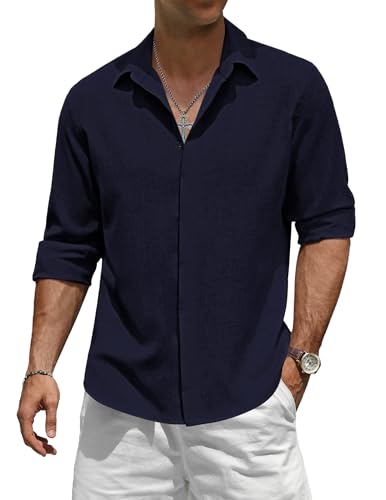 TARAINYA Leinenhemd Herren Langarm Baumwolle Versteckte Schnalle Einfarbiges Freizeithemd Männer Casual Regular Fit Marineblau L von TARAINYA