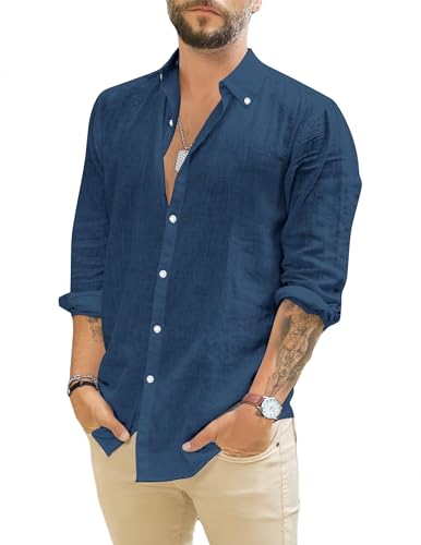 TARAINYA Leinenhemd Herren Langarm Baumwolle Freizeithemd Regular Fit mit Tasche Navy blau S von TARAINYA