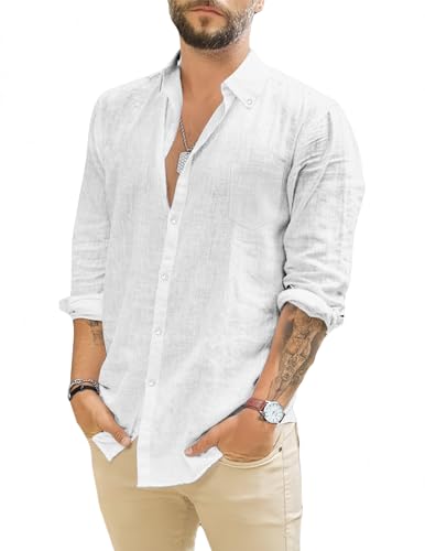 TARAINYA Leinenhemd Herren Langarm Baumwolle Freizeithemd Regular Fit mit Tasche Weiß 2XL von TARAINYA
