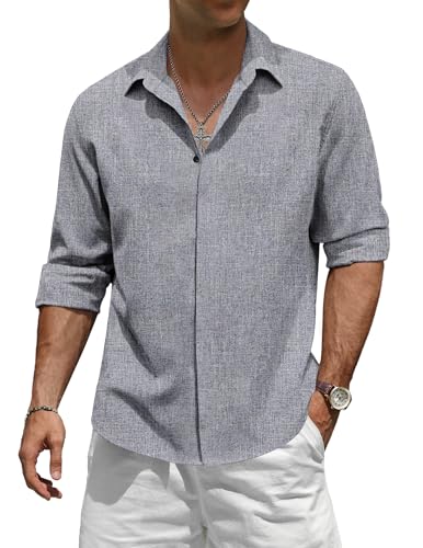 TARAINYA Leinenhemd Herren Langarm Baumwolle Versteckte Schnalle Einfarbiges Freizeithemd Männer Casual Regular Fit Blau Grau 2XL von TARAINYA