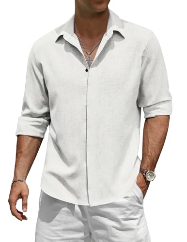 TARAINYA Leinenhemd Herren Langarm Baumwolle Versteckte Schnalle Einfarbiges Freizeithemd Männer Casual Regular Fit Weiß 2XL von TARAINYA