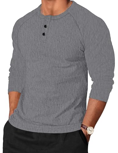TARAINYA Henley Shirt Herren Baumwolle Longsleeve Langarmshirt Pullover Männer mit Knopfleiste Dunkelgrau L von TARAINYA