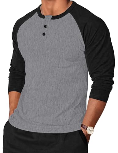 TARAINYA Henley Shirt Herren Baumwolle Longsleeve Langarmshirt Pullover Männer mit Knopfleiste Dunkelgrau Schwarz 3XL von TARAINYA