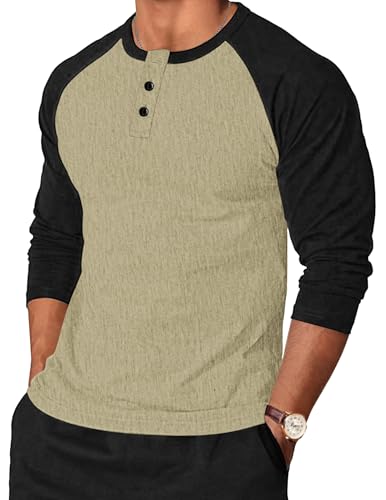 TARAINYA Henley Shirt Herren Baumwolle Longsleeve Langarmshirt Pullover Männer mit Knopfleiste Hellkhaki Schwarz 3XL von TARAINYA