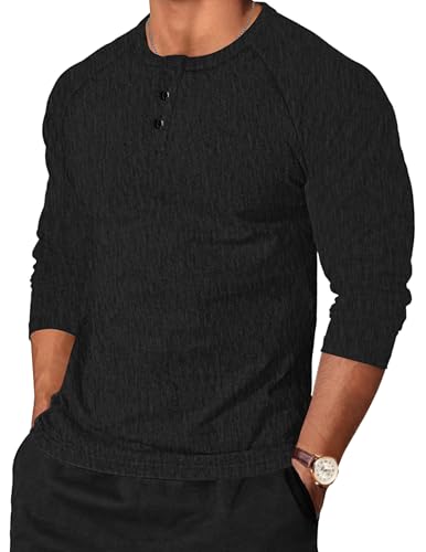 TARAINYA Henley Shirt Herren Baumwolle Longsleeve Langarmshirt Pullover Männer mit Knopfleiste Schwarz 3XL von TARAINYA