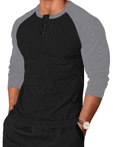 TARAINYA Henley Shirt Herren Baumwolle Longsleeve Langarmshirt Pullover Männer mit Knopfleiste Schwarz Dunkelgrau M von TARAINYA