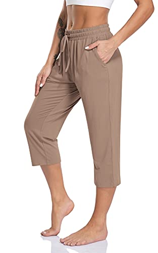 TARSE Damen Capri Yoga Hose Lose Weich Kordelzug Workout Sweatpants Casual Lounge Hose mit Taschen, Braune Caprihose, M von TARSE
