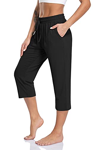 TARSE Damen Capri Yoga Hose Lose Weich Kordelzug Workout Sweatpants Casual Lounge Hose mit Taschen, Schwarze Capris, 4X-Groß von TARSE