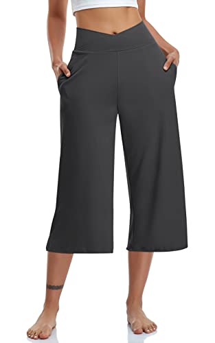 TARSE Damen-Caprihose mit weitem Bein, überkreuzt, hohe Taille, lockere Passform, weiche Pyjama-Taschen, Dunkel_Grau, 3X-Groß von TARSE