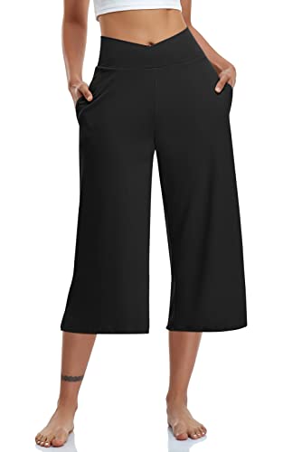 TARSE Damen Caprihose mit weitem Bein, Caprihose, Crossover, hohe Taille, locker, weiche Pyjama-Taschen, Jogginghose, Schwarz, 3X-Groß von TARSE