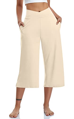 TARSE Damen-Caprihose mit weitem Bein, Crossover, hohe Taille, lockere weiche Pyjama-Taschen, Sommerhose, Lightkhaki, X-Groß von TARSE