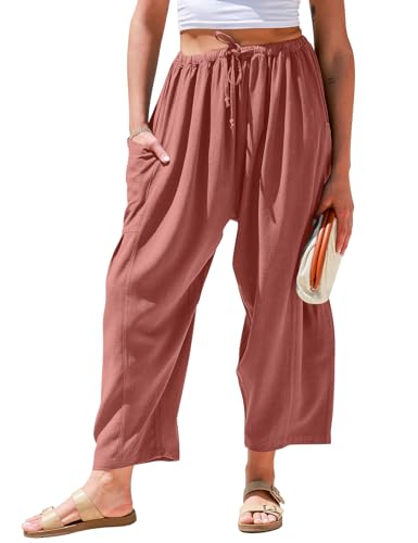 TARSE Damen Leinenhose mit weitem Bein, lockerer Kordelzug, niedrige Taille, Strand, Palazzo, Haremshose mit Taschen, Dusty Rose, Groß von TARSE