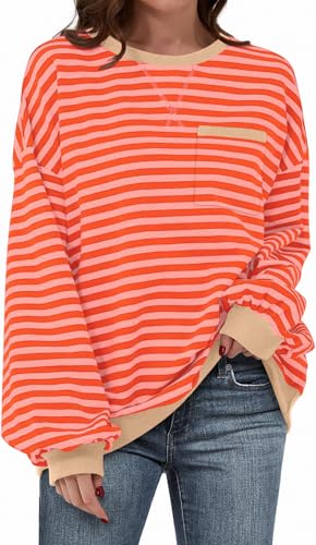 TARSE Oversized Crewneck Sweatshirt für Frauen überschnittene Schultern Gestreiftes Shirt Einfarbig Pullover Lose Langarm Tops, Orange Combo, L von TARSE