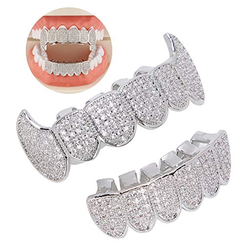 Hip Hop Grillz Zähne, Zähne Grillz für Männer Frauen Iced Out Hip Hop Poker Diamant Top & Bottom, Bling Grillz Zähne Dekoration für Mund oben unten Hip Hop Zähne Grills(Silber) von TARSHYRY