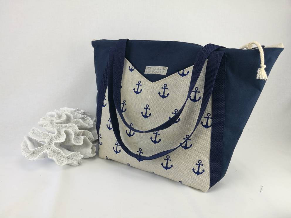 Handmade Schultertasche Damen| Shopper | Anker Motiv Robuster Canvas-stoff Reißverschluss Herbst Must-Have Unikat von TASCHENSCHATZ