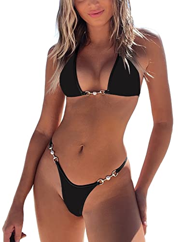TASHEHE Damen-Bikini-Set, Triangel-Tanga, sexy String, brasilianischer zweiteiliger Badeanzug, niedlicher Badeanzug, Einfarbig Schwarz, Large von TASHEHE