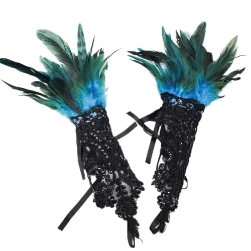 TASHELLS Fasching Pfauenfedern Armband，Karneval Kostüme Spitze Handschuhe，Mardi Gras Böhmische Accessoires，Pfau Kostüm Damen von TASHELLS