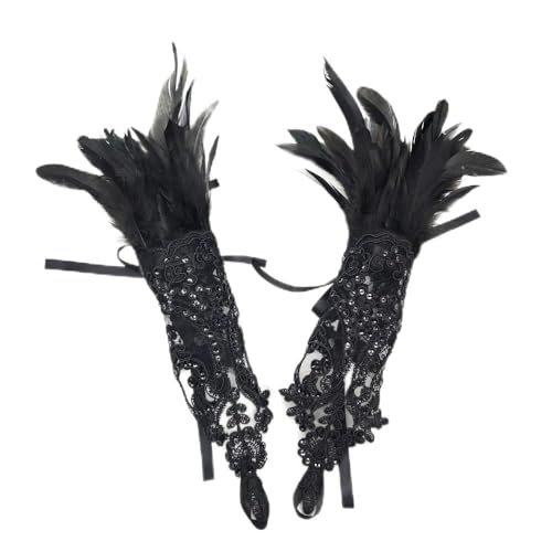 TASHELLS Fasching Schwarze Feder Armband，Karneval Kostüme Spitze Handschuhe，Mardi Gras Gothic Accessoires，Black Swan/Maleficent Kostüm Damen von TASHELLS