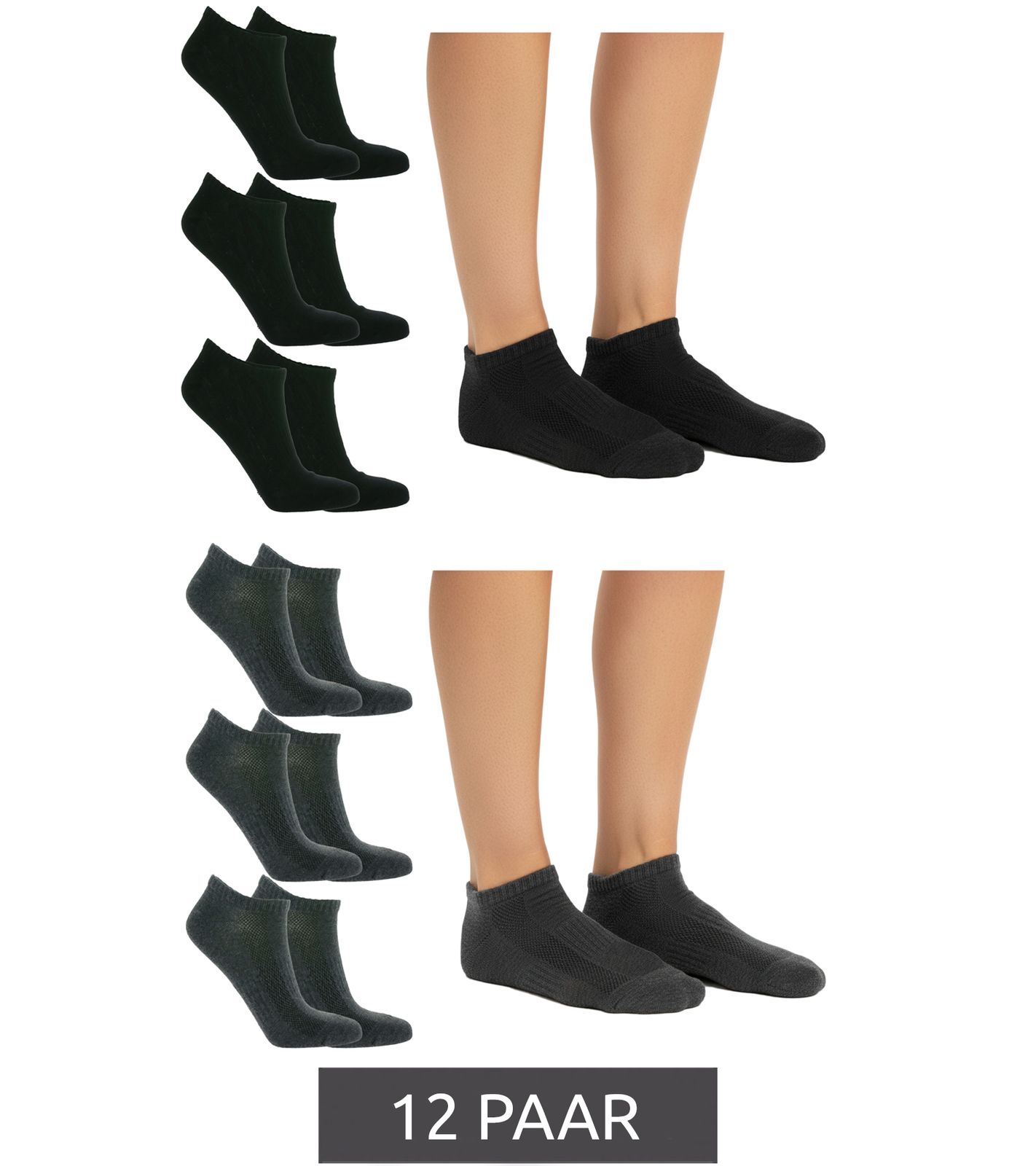 12 Paar TASTIQ Damen Sneaker-Socken schlichte Baumwoll-Socken in Geschenkbox Kinder Sport-Socken Grau oder Schwarz von TASTIQ