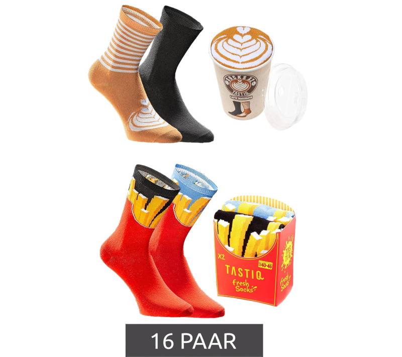 16 Paar TASTIQ Baumwoll-Socken mit Print lange Strümpfe in Geschenkbox TAS/1/CSX2 mit Pommesdruck oder mit Latte Macchiato Print von TASTIQ