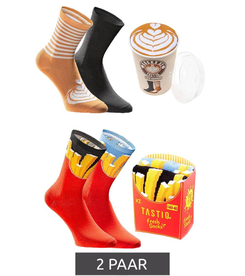 2 Paar TASTIQ Baumwoll-Socken mit Print lange Strümpfe in Geschenkbox TAS/1/CSX2 mit Pommesdruck oder mit Latte Macchiato Print von TASTIQ