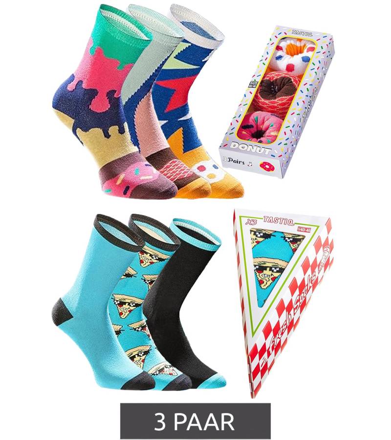 3 Paar TASTIQ Baumwoll-Socken mit Print lange Strümpfe in stylischer Geschenkbox Tas/1/CSX3 mit Pizza oder Donut Print von TASTIQ