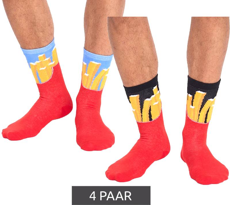 4 Paar TASTIQ Baumwoll-Socken mit Pommes-Print lange Strümpfe in stylischer Pommestüten-Geschenkbox TAS/1/CSX2/FRI Rot/Gelb/Schwarz/Hellblau von TASTIQ