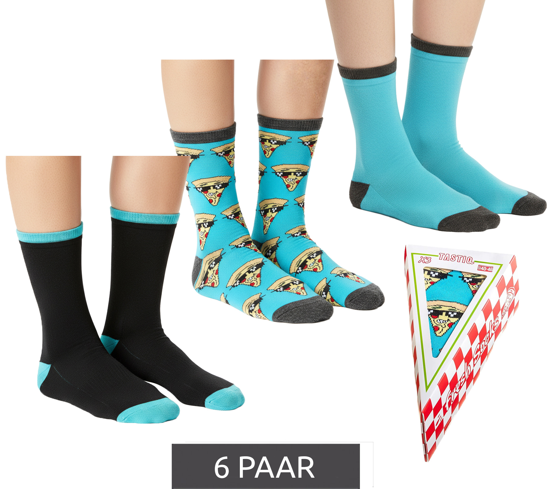 6 Paar TASTIQ Baumwoll-Socken mit Pizza-Print lange Strümpfe in stylischer Pizza-Geschenkbox fresh Socks Tas/1/CSX3/PIZ Blau/Schwarz/ Gelb von TASTIQ