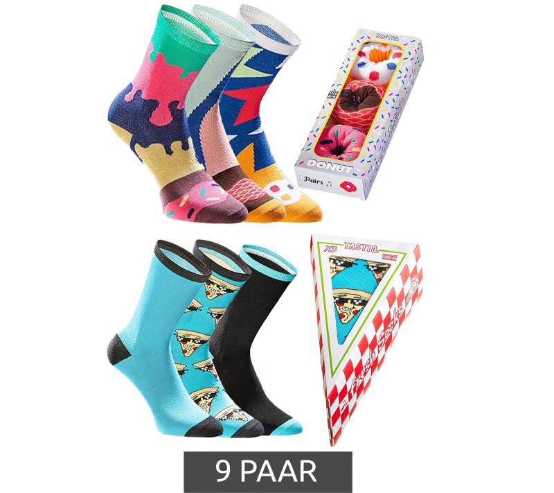9 Paar TASTIQ Baumwoll-Socken mit Print lange Strümpfe in stylischer Geschenkbox Tas/1/CSX3 mit Pizza oder Donut Print von TASTIQ