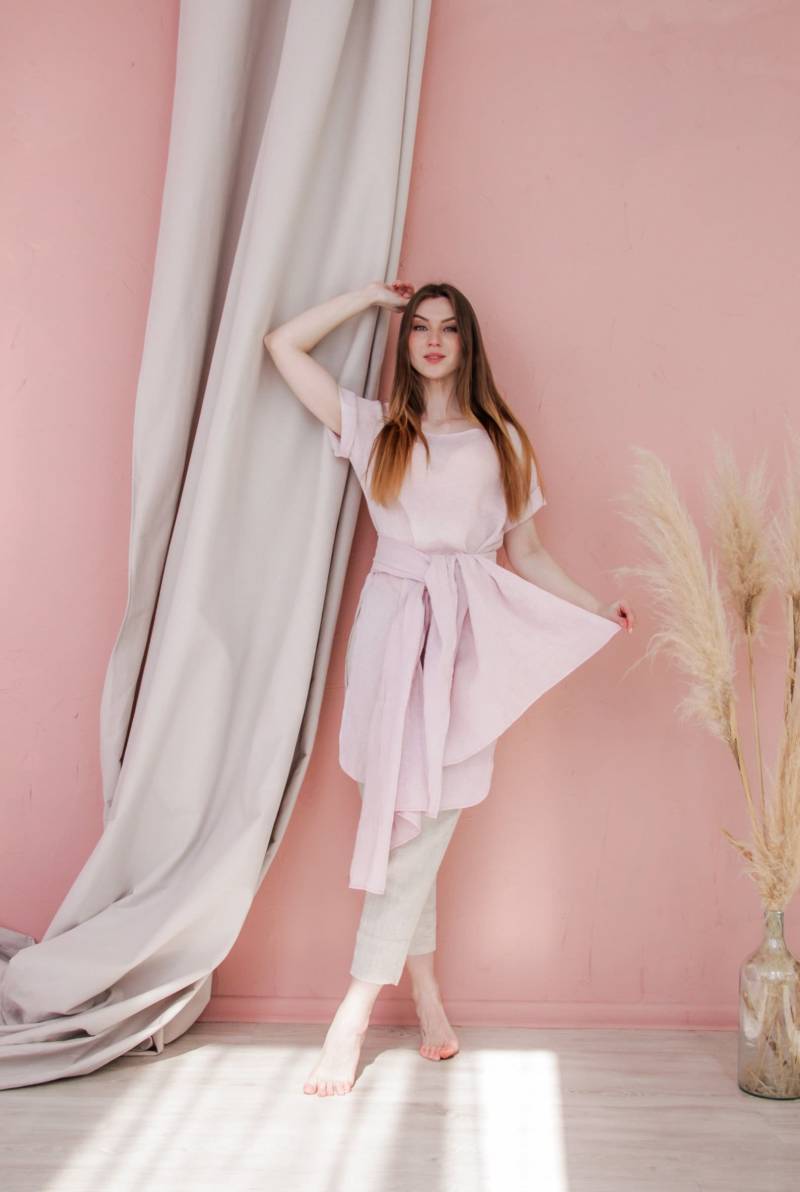 Leinen Wickeltunika, Tunika Kleid Mit Gürtel, Frauen, Strandabdeckung Für Strandbekleidung Midi Wickelkleid von TATAuaStore