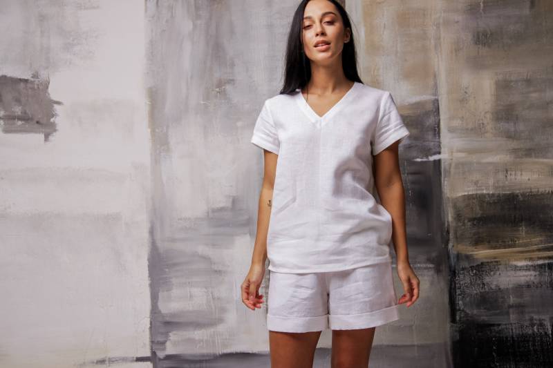 Leinen Zweiteiliges Set, Leinen-Top Und Shorts, Loungewear-Set, Leinen-Pyjama-Set Frauen, Hemd Shorts-Set, Nachtwäsche-Set von TATAuaStore