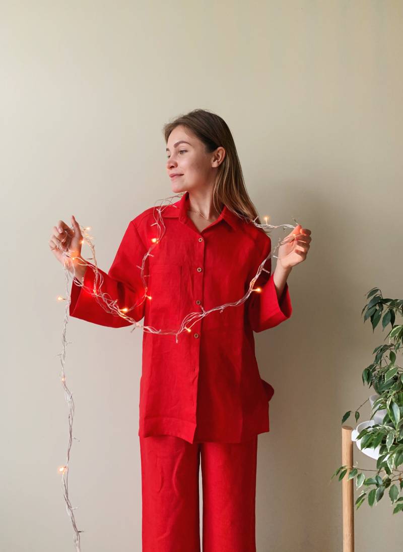 Leinenhemd Und Leinenhose, Leinen-Langarm-Set, Leinenset Frauen, Leinen-Pyjama-Hose, Rote Rotes von TATAuaStore