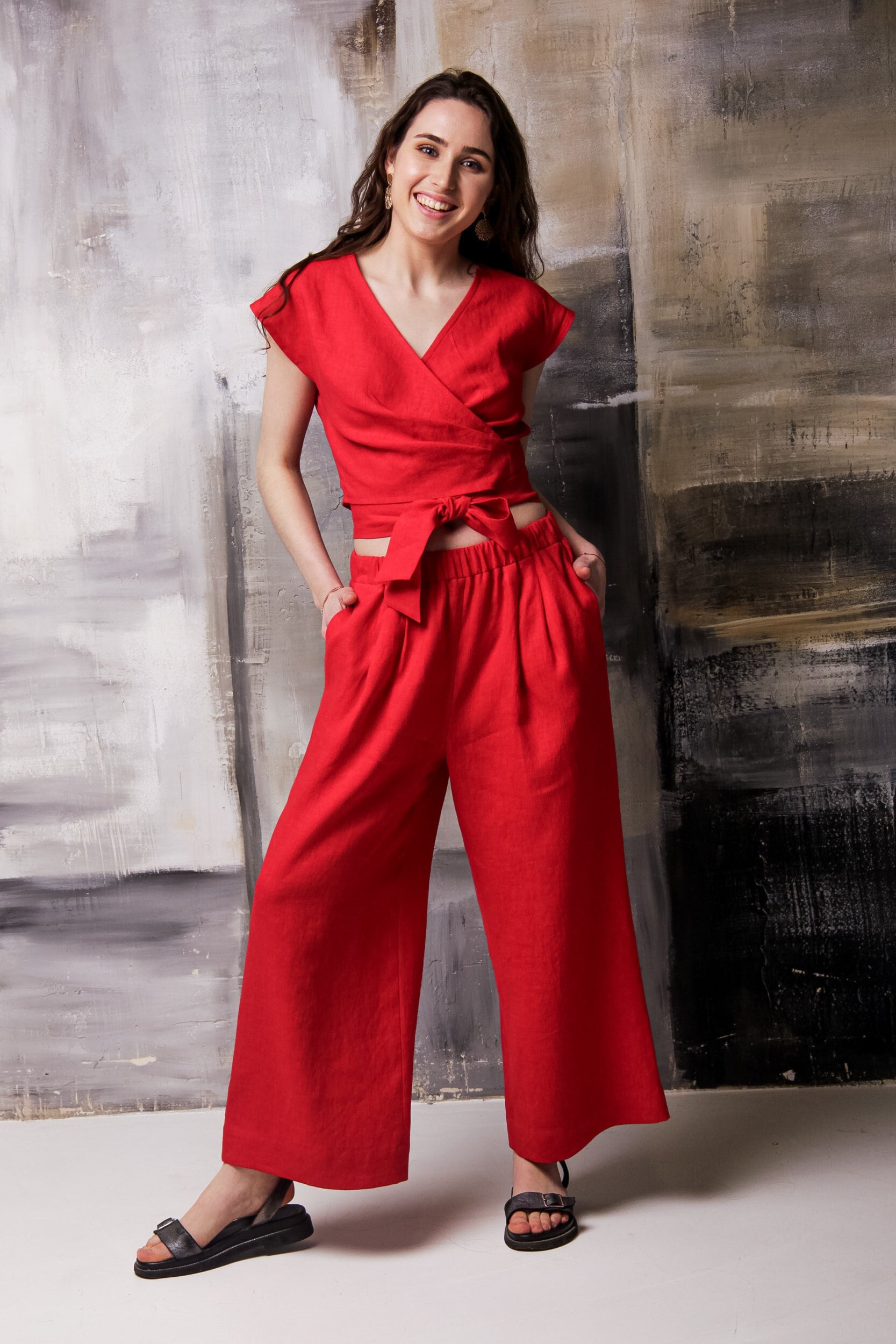 Roter Leinen Overall, Frauen Anzug, Top Und Hosen Set, Kurzarm Tops, Lose von TATAuaStore