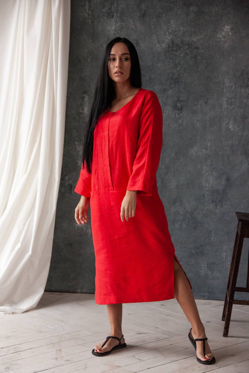 Rotes Leinenkleid Frauen, Leinen Midikleid, Leinenkleid, Plus Größe Kleid, Tunika, Lose, Rotes Herbst Leinenkleider von TATAuaStore