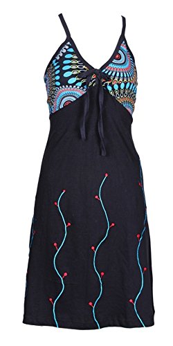 TATTOPANI Damen Grün-Beleg-Kleid mit bunten Blumen-Stickerei von TATTOPANI