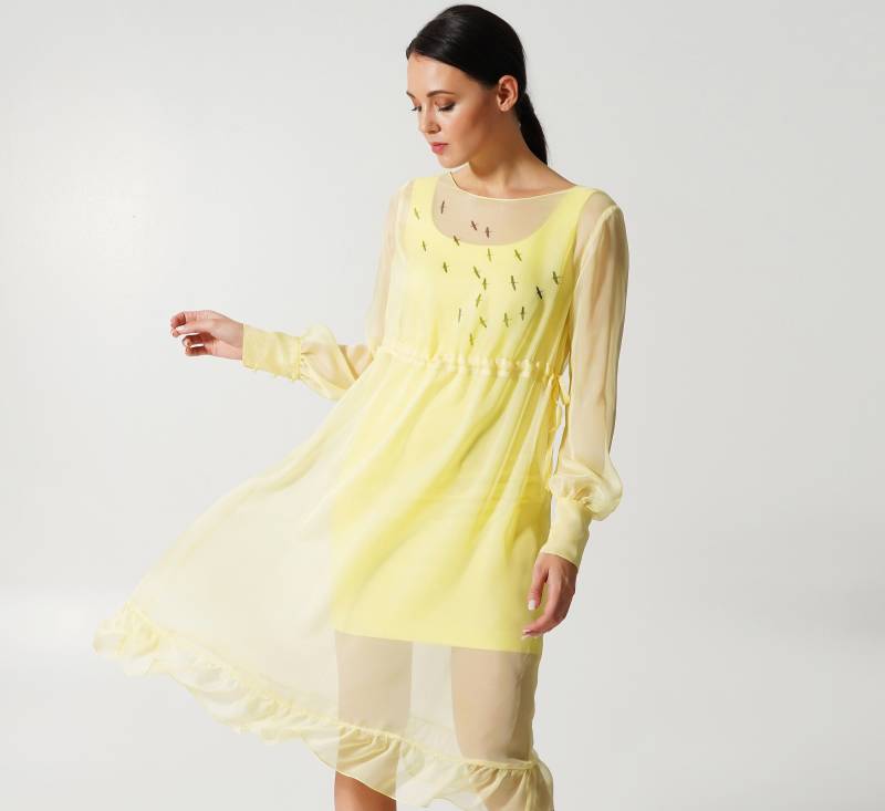 Letzte Grösse/02 Us | 36 Eu Bleistiftkleid Mit Durchsichtigem Überzug, Zweischichtiges Kleid Für Frauen, Gelber Transparenter Chiffon Taverovska von TAVROVSKA