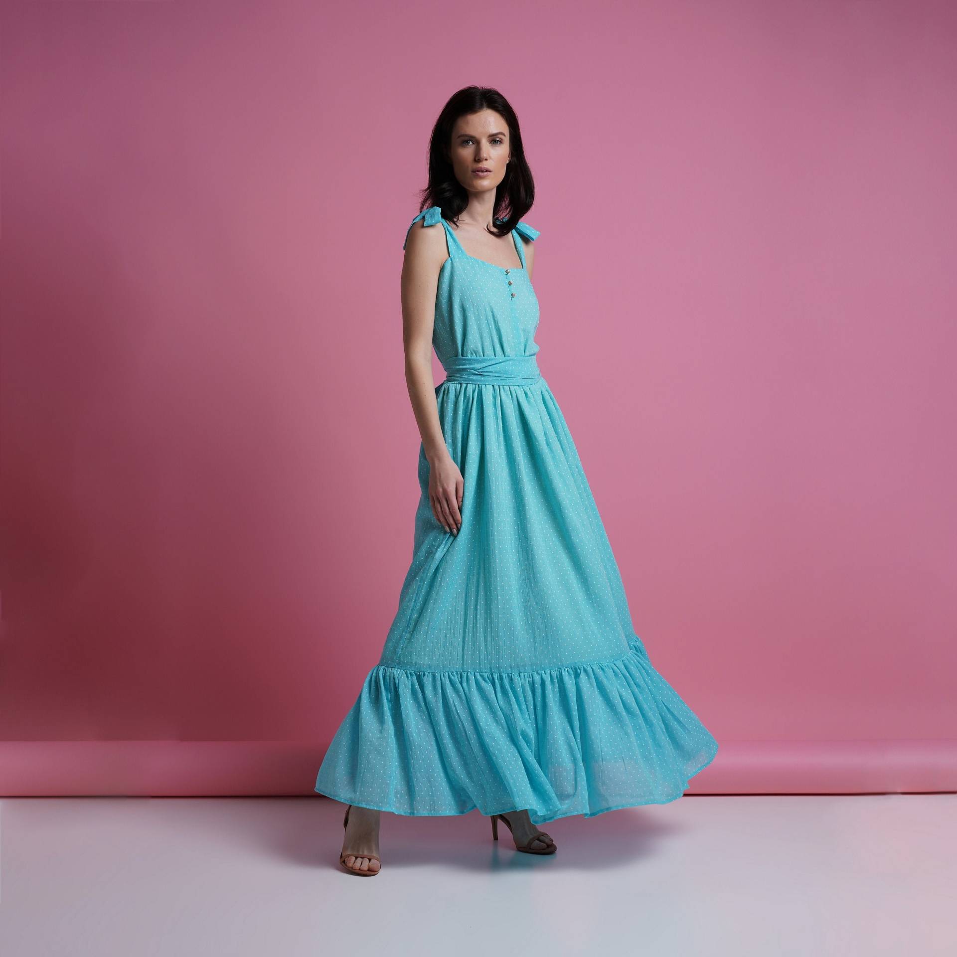 Maxi Boho Sommerkleid, Blaue Tupfenkleider Für Frauen, Lange Strand A-Linie Kleid, Schulter Binden Sommerkleid Rüschen Fließendes Taverovska von TAVROVSKA