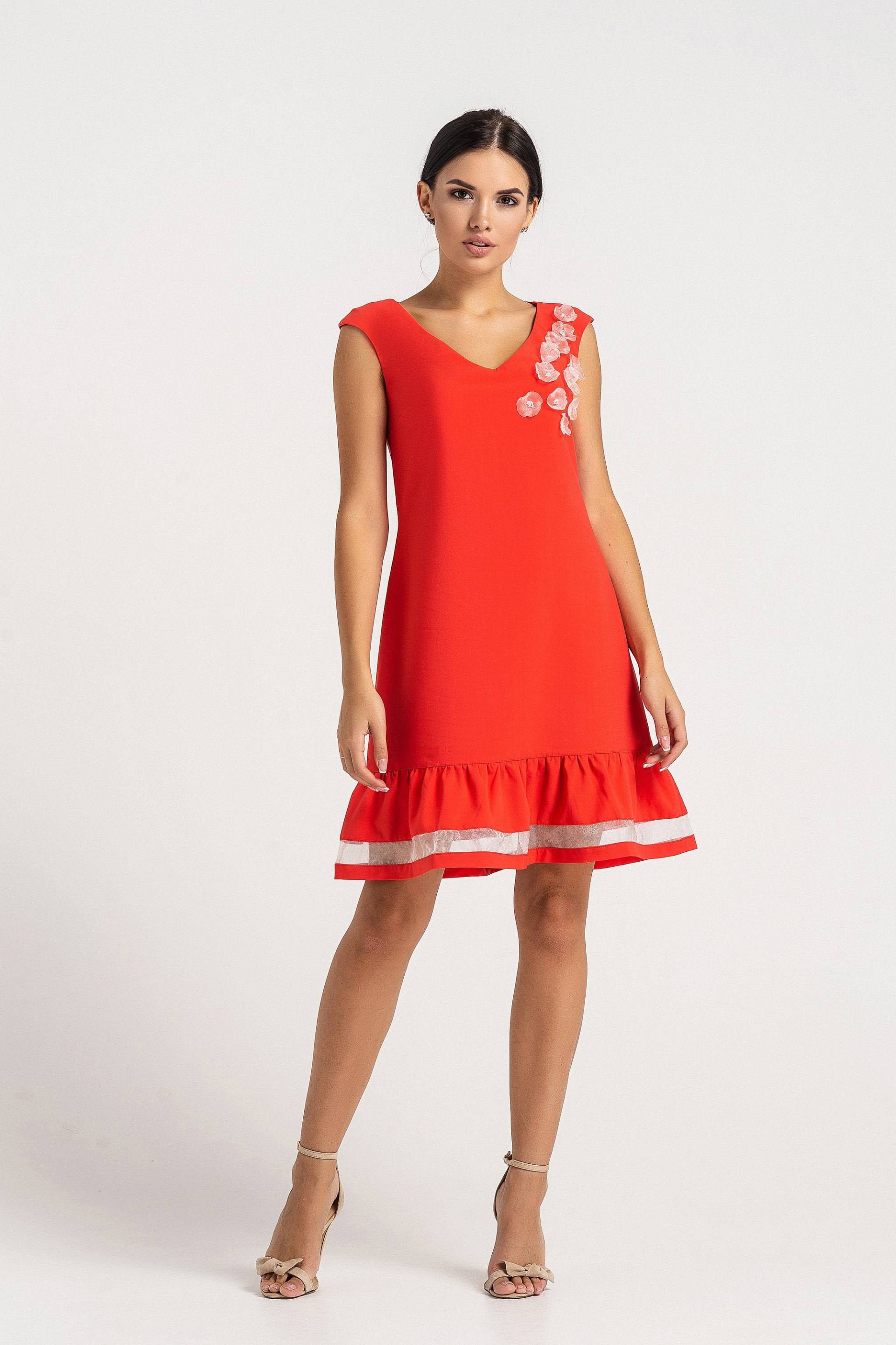 Rotes Mini Rüschenkleid Frauen, Blumen Sommerkleid Mit Transparentem Einsatz, Ärmelloses Cocktailkleid Für Frauen Taverovska von TAVROVSKA