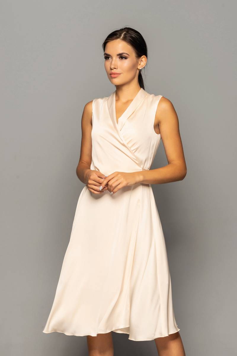 Satin Seide Wickelkleid Frauen, Schalkragen Ärmelloses Kleid Midi, Elegantes Sommerkleid, Brautjungfer Einfaches Hochzeitskleid V-Ausschnitt von TAVROVSKA