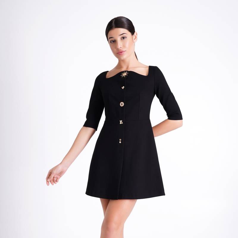 Schwarzes Schickes Cocktailkleid Ärmeln, Elegantes Hochzeitsgast Kleid Goldknöpfe, Einzigartige Extravagante Kleider, Kurviger Ausschnitt Taverovska von TAVROVSKA