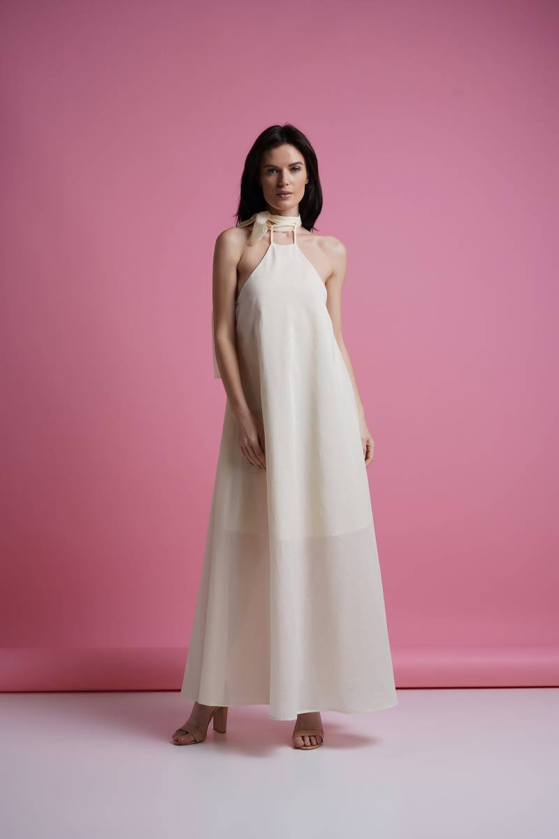 Sommerkleid Krawattenhals Maxi Weiß Neckholder Kleid Frauen Leichtgewicht A-Linie Strandhochzeitskleid Trendy Langes Schulterfrei Taverovska von TAVROVSKA