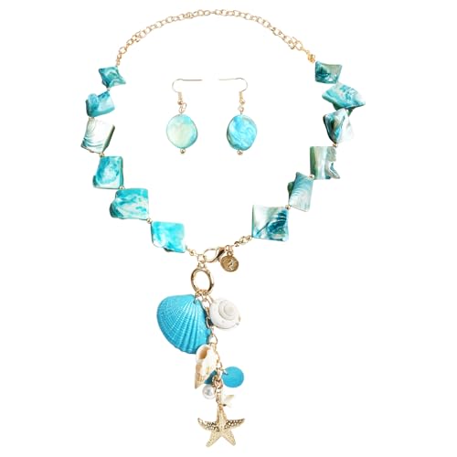 TAXTYHRE 2 Stück Muschel Halskette Ohrringe Set, Natürliche Muschelkette, Seestern Muschel Anhänger Halskette, Sommer Strand Schmuck, Hawaii Beach Accessoires für Damen Mädchen - Blau von TAXTYHRE